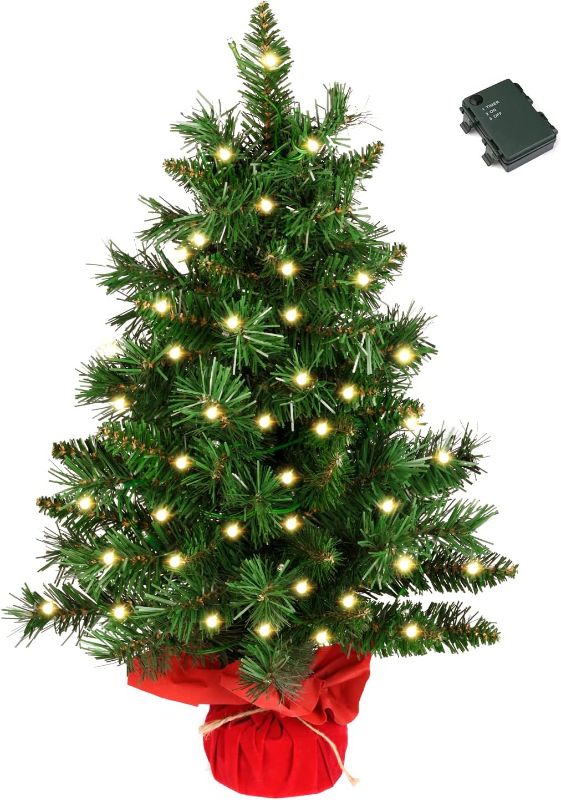 Photo 1 of 24 Inch Pre-lit Artificial Mini Christmas Tree, Vlorart Christmas Tree Tabletop Artificial Small Christmas Tree with Lights Includes Small White LED Lights, and Cloth Bag Wooden Base
