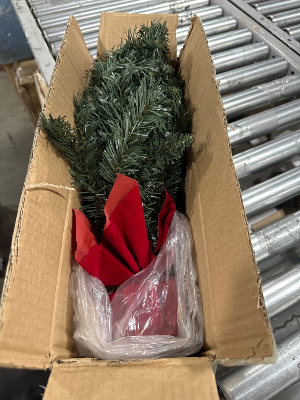 Photo 1 of 24 Inch Pre-lit Artificial Mini Christmas Tree, Vlorart Christmas Tree Tabletop Artificial Small Christmas Tree with Lights Includes Small White LED Lights, and Cloth Bag Wooden Base
