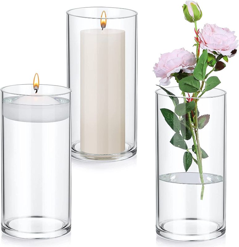 Photo 1 of 15 Pack Clear Glass Cylinder Vases 4 x 8 Inches Tall Floating Candles Holders Table Centerpieces Vases for Wedding Decorations and Formal Dinners
