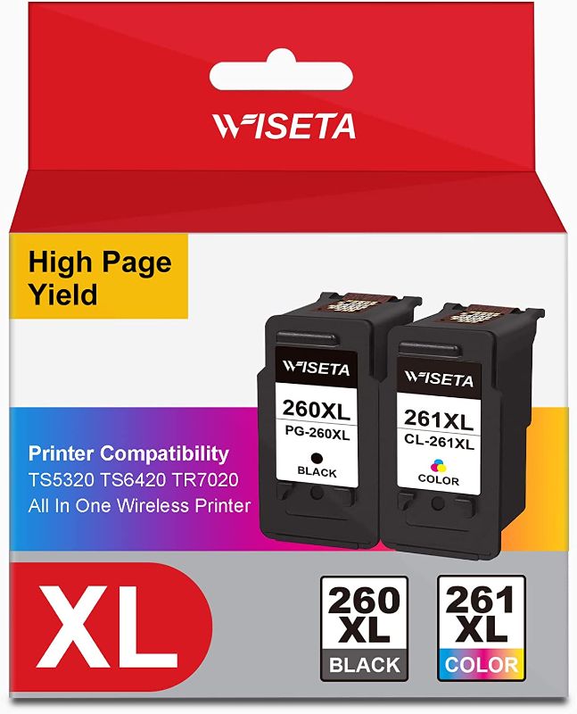 Photo 1 of WISETA Ink Cartridge Replacement for Canon PG-260 XL PG 260 XL 260XL CL-261 XL CL 261 XL 261XL for TR7020 TS6420 TS5320 Printers (1 Black 1 Tri-Color)
