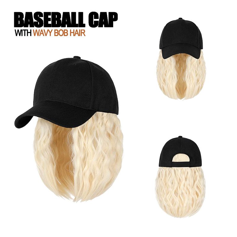 Photo 1 of AynnQueen Baseball Cap with Hair Extensions for Women Adjustable Hat with Synthetic Wig Attached 8inch Kinky Curly Hair Black Baseball Cap (Bleach Blonde)
