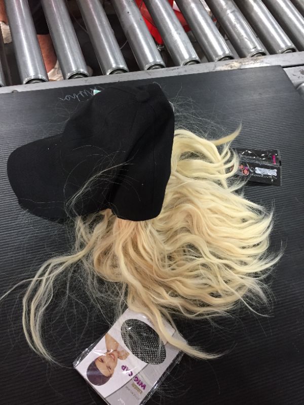 Photo 2 of AynnQueen Baseball Cap with Hair Extensions for Women Adjustable Hat with Synthetic Wig Attached 8inch Kinky Curly Hair Black Baseball Cap (Bleach Blonde)
