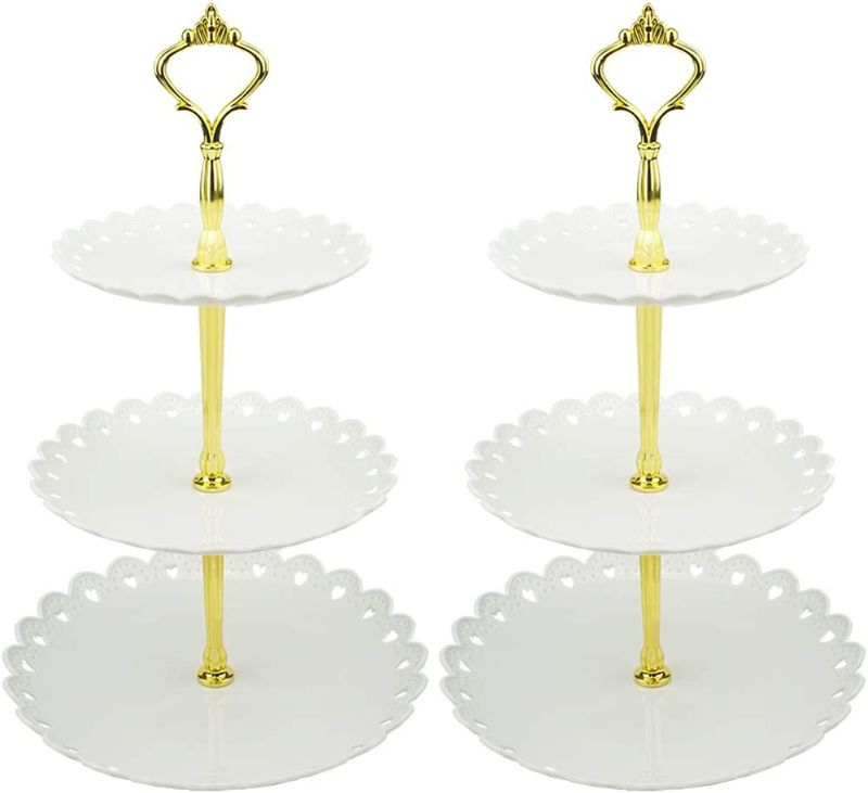 Photo 1 of 3-Tier White Gold Plastic Dessert Stand Pastry Stand Cake Stand Cupcake Stand Holder Serving Platter for Party Wedding Home Decor-Small-Set of 2

