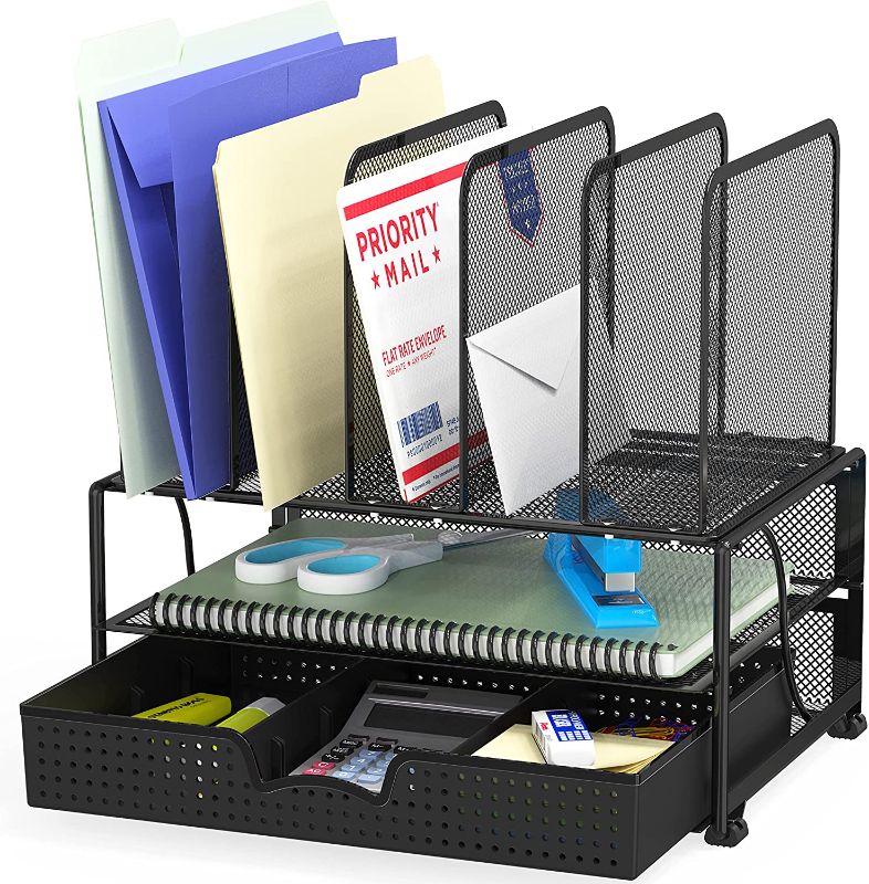 Photo 1 of Mesh Desk Organizer with Sliding Drawer, Double Tray and 5 Upright Sections, Black