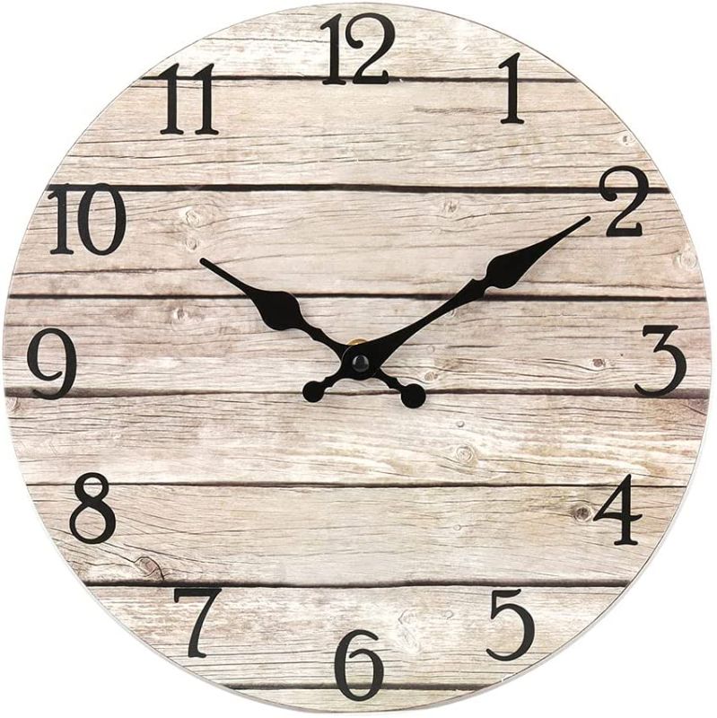 Photo 1 of 12 Inch Wooden Decorative Wall Clock Quartz Battery Operated Wall Clocks Vintage Rustic Country Tuscan Style Brown Wooden Home Decor Round Wall Clock
