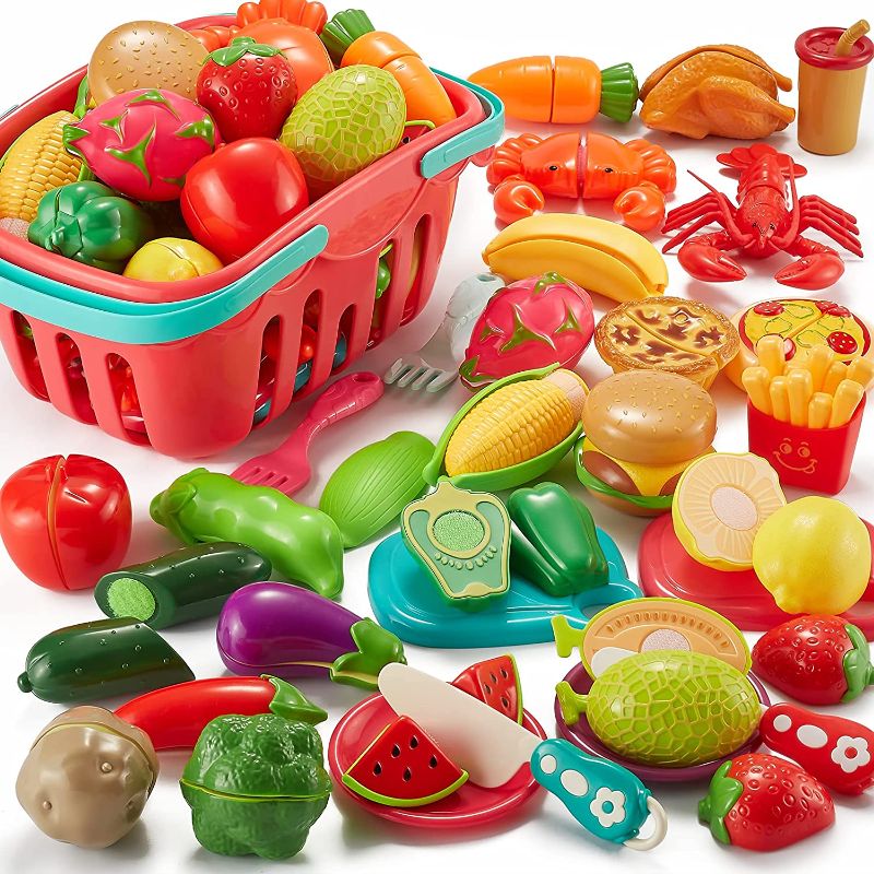 Photo 1 of Comirth Pretend Play Food Sets for Kids Kitchen 61Pc, Storage Basket Cutting Toy Food, Fake Food for Toddlers, Play Kitchen Accessories Toys with Fruits Vegetables, Educational Gift for Girls Boys
