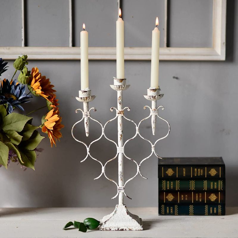 Photo 1 of Antique 3 Arm Candelabra 16-inch Tall Taper Candles Holder, Rustic Metal Candelabras for Centerpiece, Silver Elegant Vintage Candlestick Holder for Wedding, Fireplace Decoration
