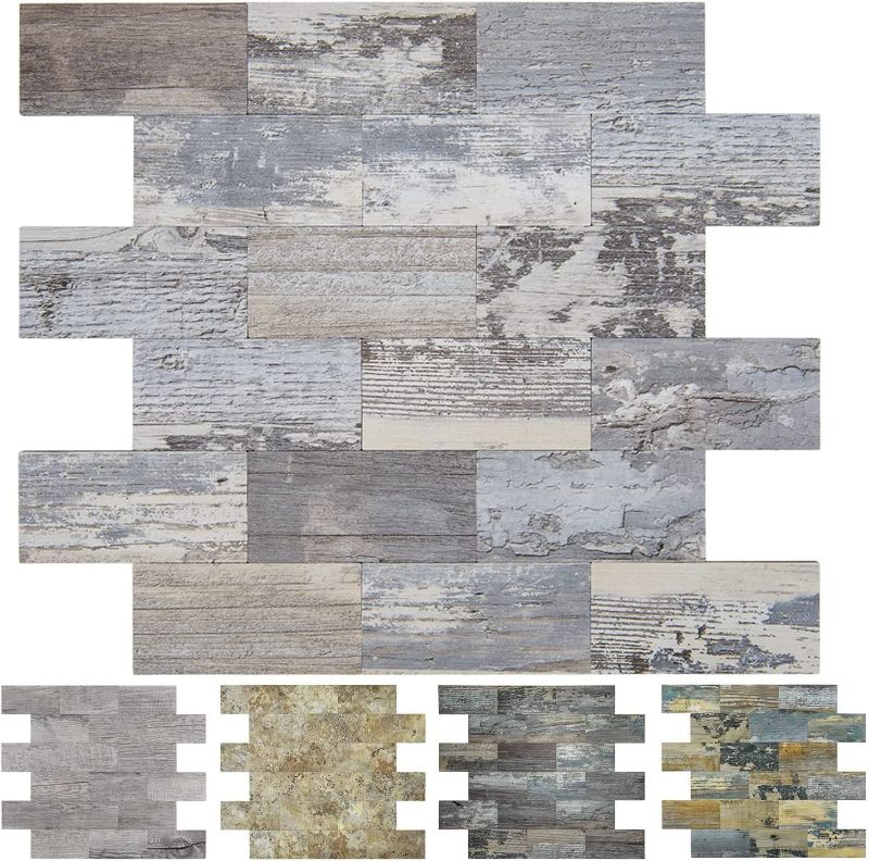 Photo 1 of Art3d Fireplace Peel and Stick Tile Backsplash, PVC Light Aspen Stickon Wood Tile for Kitchen Bathroom, Self-Adhesive Countertop Panel (Distressed Silvery Moon)
