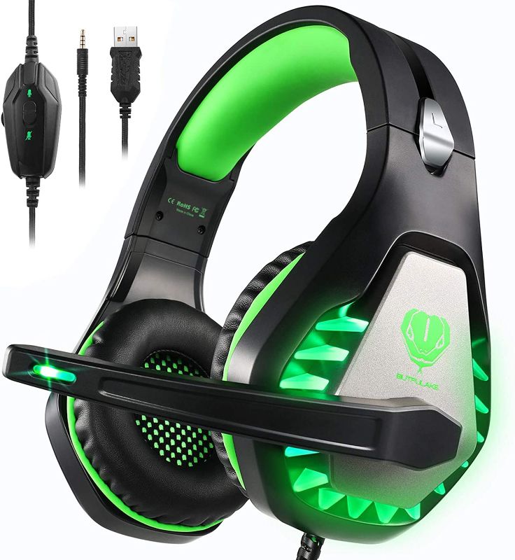 Photo 1 of BUTFULAKE GH-1 Gaming Headset for PS5, PS4, Xbox One, Xbox One S, PC, Nintendo Switch, Mac, Laptop, 3.5mm Wired Pro Stereo Over Ear Gaming Headphones with Noise Cancelling Mic, LED Light, Green
**mic is detached** 