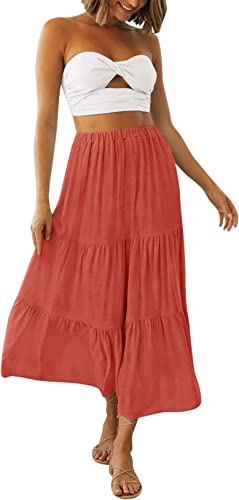 Photo 1 of ZCSIA Women's Summer Casual Boho Elastic High Waist Solid Color Pleated A Line Swing Beach Maxi Skirt with Pockets
LARGE