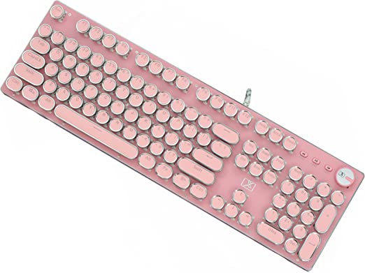 Photo 1 of Gaming Keyboard,Retro Punk Typewriter-Style, Blue Switches, White Backlight, USB Wired, for PC Laptop Desktop Computer, for Game and Office, Stylish Pink Mechanical Keyboard (Round Keycaps)