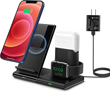 Photo 1 of ? ?? ? Wireless Charging Station, ??? Fast Wireless Charger Stand with ?? ?.? Adapter for Apple iWatch, AirPods Pro, for iPhone, Samsung Galaxy and Other Phone with Wireless Charging