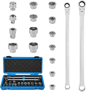 Photo 1 of 17PCS Extra Long Flex-Head Ratcheting Wrench Set, Metric Double Box End Chrome Vanadium Steel 72-Tooth Wrenches with 8-22mm replacement heads, 10x19mm, 3/8", 1/2" Socket Adapters (US Patent)