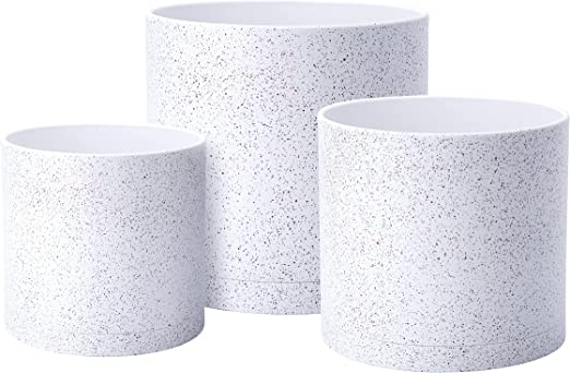 Photo 1 of 6.5 Inch 8 Inch 10 Inch, Set of 3 Plastic Planter Pots for Plants with Drainage Hole and Seamless Saucers, Speckled White Color, Large, 74-ES-L-4