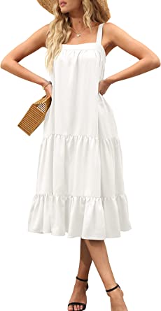 Photo 1 of  Women's Sleeveless Thick Adjustable Straps Tiered Layer Frill Knot Loose Summer Maxi Cami Dress with Pockets