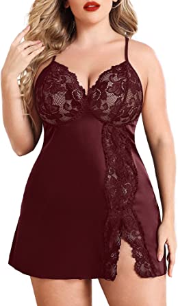 Photo 1 of Avidlove Plus Size Lingerie For Women Sexy Satin Nightgown Lace Babydoll Side Slit Strappy Chemise