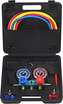 Photo 1 of AutoWanderer Tool AC R1234YF Gauge Set, 3 Way Air Conditioner Diagnostic Manifold Gauge Set for R1234yf Freon Charging with 5FT Hose, 2 Adjustable Coupler, Valve Core Remover Spanner