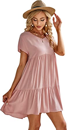 Photo 1 of Fangetey Women's V-Neck Tshirt Dress Loose Casual Short Sleeve Summer Tunic Short Flowy Swing Dress size M