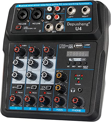 Photo 1 of Depusheng U4 Audio Mixer 4-channel USB Audio Interface Mixer, DJ Sound Controller Interface with USB,Soundcard for PC Recording,Built-in 48V Phantom Power for Home Music Production,Live Streaming