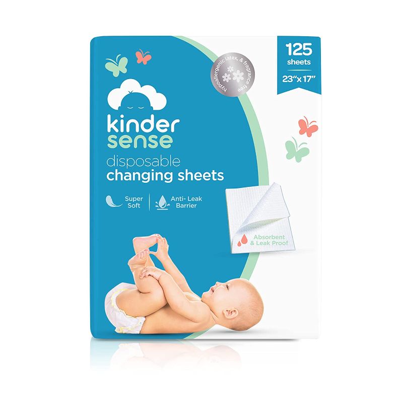 Photo 1 of Kindersense® Disposable Changing Sheets for Baby Diaper (125 Sheets) | Thin Portable Changing Pad Liners (23" x 17.5") | Paper Top Layer - Waterproof Bottom Layer | Leak Proof Infant Changing Mat **PACKAGE WAS OPENED--SOME MAY BE MISSING**