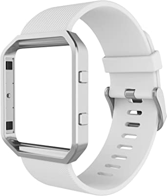Photo 1 of Simpeak Sport Band Compatible with Fitbit Blaze Smartwatch Sport Fitness, Silicone Wrist Band with Meatl Frame Replacement for Fitbit Blaze Men Women, Small, White Band+Silver Frame