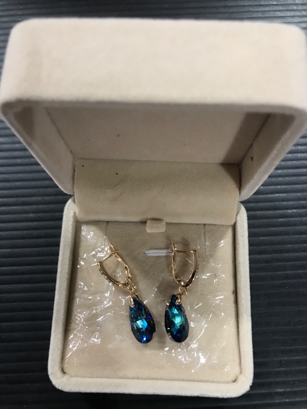 Photo 2 of 14K Gold Plated Swarovski Element Crystal Drop Shaped Pendant Earrings (Blue)