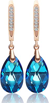 Photo 1 of 14K Gold Plated Swarovski Element Crystal Drop Shaped Pendant Earrings (Blue)