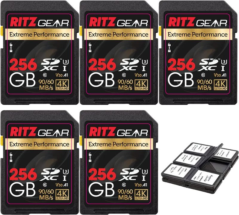 Photo 1 of RITZ GEAR Extreme Performance High Speed UHS-I SDXC 256GB 90/60 MB/S U3 A1 C10 V30 Memory Card (5 Units) Designed for SD Devices That can Capture Full HD, 3D, & 4K Video & Photography