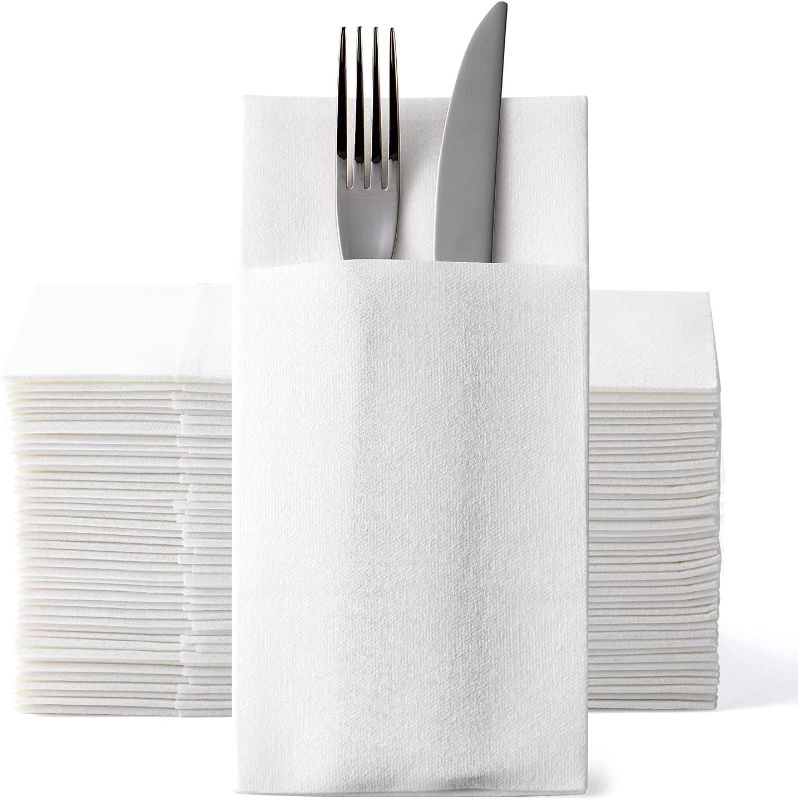 Photo 1 of 50PCS Disposable White Dinner Napkins Cloth Feel with Built-in Flatware Pocket