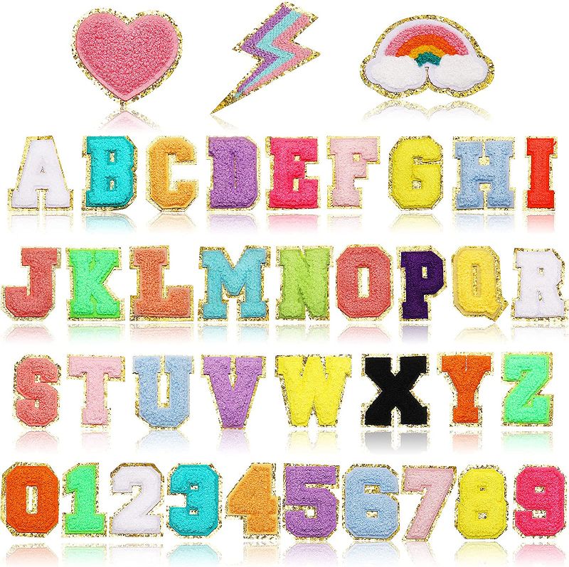 Photo 1 of 39 Piece Chenille Letter Patches Iron on Letters Varsity Letter Patches Number Patches for Jackets Clothing Patches Sew on A-z Glitter Letter Initial Patch Applique(Colorful,Fresh Style)