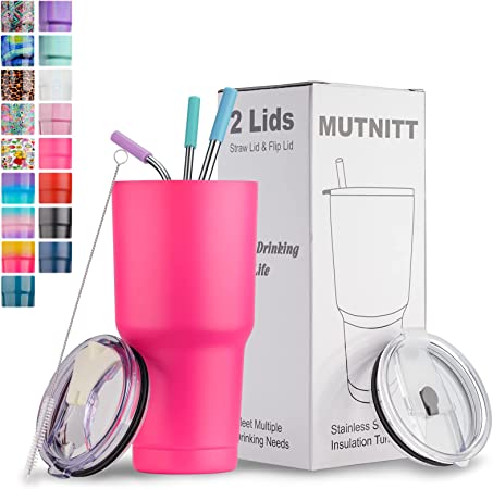 Photo 1 of 30 oz Tumbler with Lids and Straws,Stainless Steel Vacuum Insulated Coffee Tumbler,Powder Coated Insulated Travel Mug with Leak-Proof Straw Lid & Flip Lid,3 Metal Straws,1 Cleaning Brush(Fuchsia)
