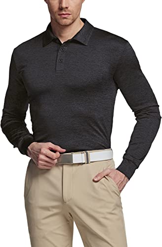 Photo 1 of [Size M] TSLA Men's Long Sleeve Cooling Polo Shirts, UPF Sun Protection Stretch Cool Dry Golf Shirt [Heather Black]