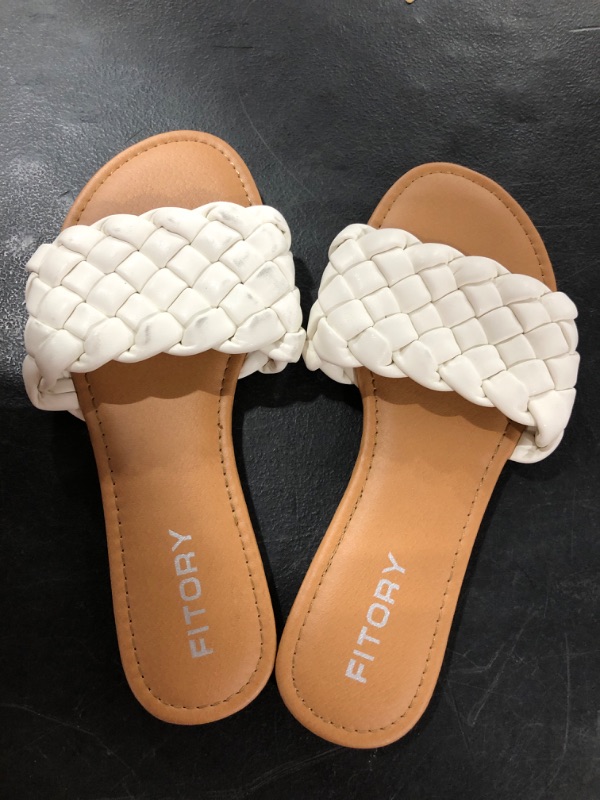 Photo 2 of [Size 9] Womens Flat Sandals Fashion Round Open Toe Slip On Slides with Braided Strap Slippers for Summer [White]