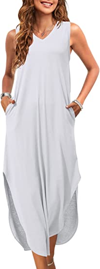 Photo 1 of [Size S] ReachMe Womens Casual V Neck Side Split Sleeveless Long Dresses Summer Beach Tank Maxi Dresses with Pockets [White]