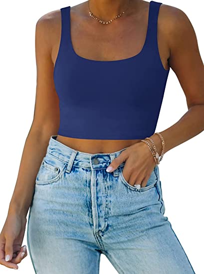 Photo 1 of [Size S] REORIA Women’s Sexy Square Neck Double Lined Seamless Sleeveless Cropped Tank Yoga Crop Tops [Blue]