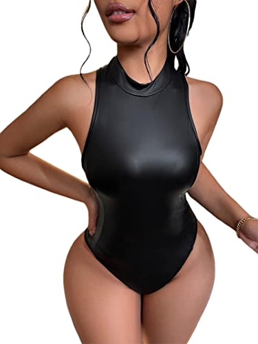 Photo 1 of [Size XXL] MakeMeChic Women's Faux PU Leather Sleeveless Mock Neck Bodysuit Tank Top [Black]