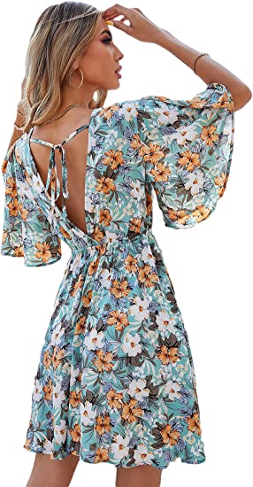 Photo 1 of [Size S] Floerns Women's Ditsy Floral Plunge Neck Knot Front A Line Short Dress [Mint Blue]