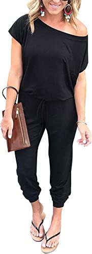 Photo 1 of [Size L] PRETTYGARDEN Women's Loose Solid Off Shoulder Elastic Waist Stretchy Long Romper Jumpsuit [Black]