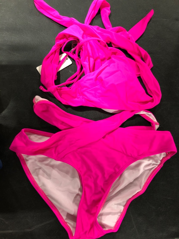 Photo 2 of [Size M] Holipick Women's Bandage Bikini Set High Waisted Two Piece [Hot Pink]