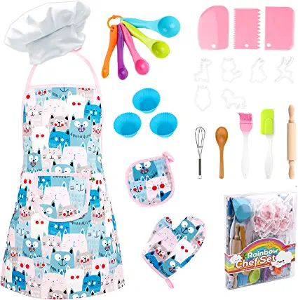 Photo 1 of Complete Kids Cooking and Baking Set 26PCS Kids Chef Set Apron Chef Hat Kids Chef Role Play Costume Dress Up Role Play Toys Pretend Play Cooking Baking Gifts Birthday Unisex Boys Girls (Blue)
