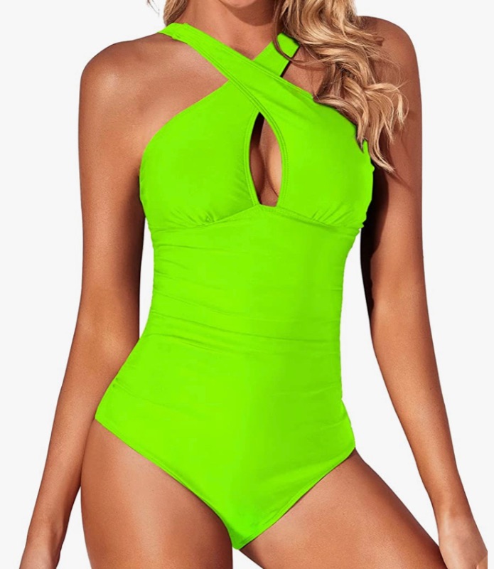 Photo 1 of [Size L] Tempt Me Women One Piece Swimsuits Front Cross Keyhole Tummy Control Backless Bathing Suit Lime