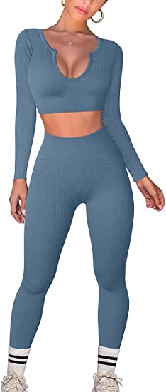 Photo 1 of [Size L] LNSK Women's Workout Outfits Yoga 2 Piece Seamless Ribbed Long Sleeve Tops Gym High Waist Running Leggings Sets [Haze Blue]