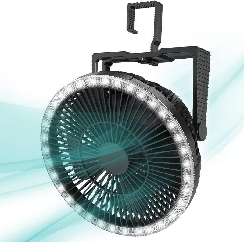 Photo 1 of 10000mAh Portable Camping Fan with LED Lights - 8 inch Rechargeable Battery Operated USB Fan with Hanging Hook