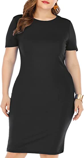 Photo 1 of [Size 2XL] GXLU Women's Plus Size Short Sleeve Bodycon Pencil Dress Knee Length Solid T Shirt Dresses [Black]