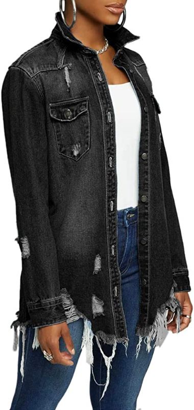 Photo 1 of [Size S]  Women's Denim Jacket Classic Distressed Fray Hem Tassels Boyfriend Denim Trucker Jackets Outercoat