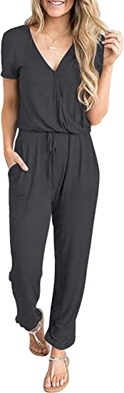 Photo 1 of [Size M] PRETTYGARDEN Women's Summer Casual Deep V Neck Short Sleeve Wrap Drawstring Waist Jumpsuit Romper