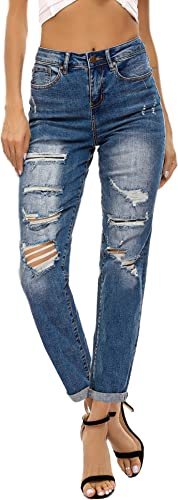 Photo 1 of [Size 6] Resfeber Women's Ripped Boyfriend Jeans Stretch Distressed Jeans Crop Mom Jean with Holes [Dark Vintage]