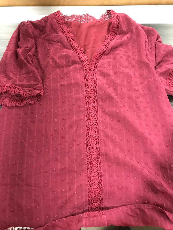 Photo 2 of [Size 2XL] FARYSAYS Womens Summer Lace Tops Short Sleeve V Neck Polka Dot Blouses Shirts [Dark Red]