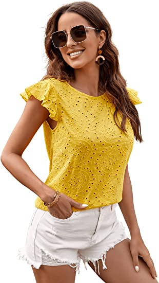 Photo 1 of [Size M] Romwe Women's Sleeveless Ruffle Stand Collar Embroidery Button Slim Blouse Top [Yellow