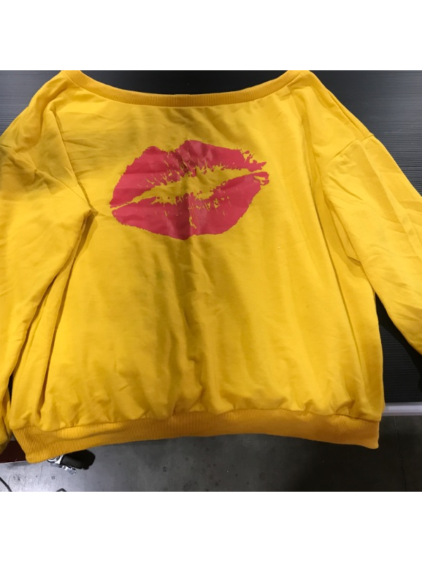 Photo 2 of [Size 2XL] Yanekop Womens Love Letter Printed Off Shoulder Pullover Sweatshirt Slouchy Tops Shirts [Yellow]